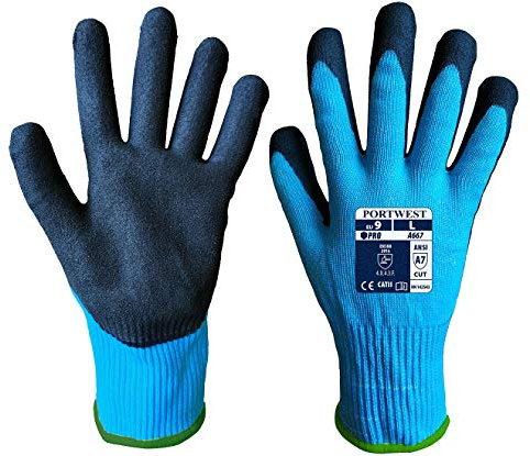 Portwest Guante Anti-Corte Claymore Ahr, Tamaño: L, Color: Azul/Negro, A667B8RL