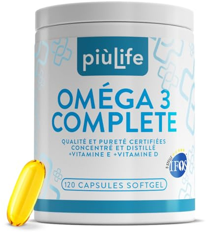 Omega 3 IFOS 5 Stelle Certificato Con Vitamina D3 e E PiùLife, 120 Softgel | Fino a 5 al giorno, 2000 mg EPA e 1000 mg DHA Dose, Olio di Pesce Puro (Fish Oil), Vitamina D 2000 UI, Cuore Cervello e Vista