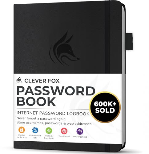 Clever Fox Password Book with alphabetical tabs. Internet Address Organizer Logbook. Small Pocket Password Keeper for Website Logins (Black)