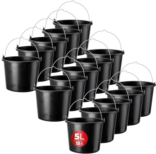 KADAX 15x Baueimer aus Kunststoff, 5l, Mörteleimer für Garten, Baustelle, Eimer mit Griff, Wassereimer, Stabiler Zementeimer, Mörtelkübel, Putzeimer, schwarz (15)