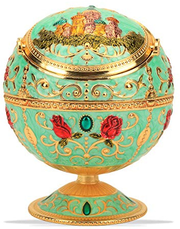 LAUYOO Windproof Ashtray with Lid for Cigarettes Metal Portable Cigar Ashtray Odor Eliminator for Indoor outdoor Hand Stamped Rose Pattern with Sparkle Fancy Gift for Men Women(Jade-green)