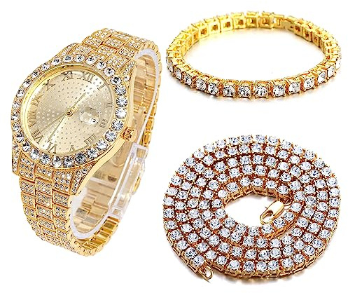 HALUKAKAH Diamants Montre en Or Iced Out, Hommes Plaqué Or Réel 18k Quartz Bracelet 24cm Cadran Rond, avec Chaîne de Tennis Bracelet 20cm + Collier 45cm, Livrée avec Boîte Cadeau