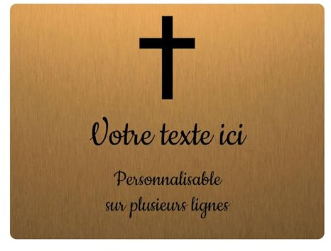 Placa grabada funeraria, diseño de cruz cristiana autoadhesiva, 20 x 15 cm, personalizada, 1 a 3 líneas, oro cepillado