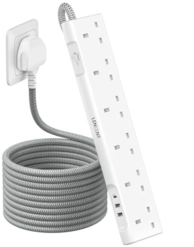 LENCENT 6 Way Socket 3M Extension Lead with USB C Port, 3250W 13A | 6 Way Outlets Power Strip, Multi Power Plug Extension with Braided Extension Cord for Home Office, White