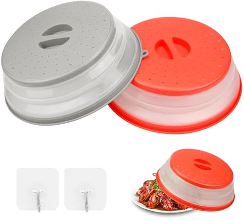 Sosayet Coperchio Microonde Pieghevole, 2 Pezzi Coperchio Antischizzi per Microonde con 2 Ganci, Cestello del Filtro con Fori per il Vapore per Frutta Verdure, Senza BAP e atossico (Grigio + Rosso)