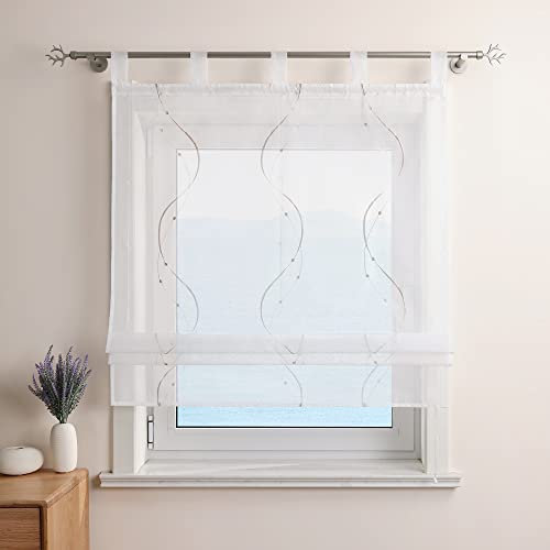 ESLIR Raffrollo mit Schlaufen Gardinen Küche Bestickt Raffgardinen Voile Transparent Schlaufenrollo Modern Vorhänge mit Wellen Stickerei Beige BxH 120x140cm 1 Stück