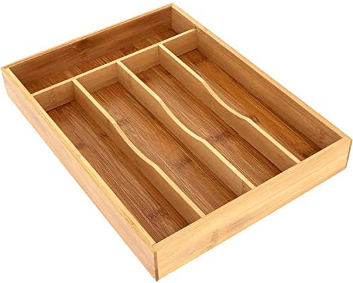 TIENDA EURASIA - Organizador de Cajones, Bandeja de Cuberteria de Madera, Almacenaje de Cocina para Cajon, Organizador Cubiertos de 25 x 34 x 5 cm con cinco Departamentos
