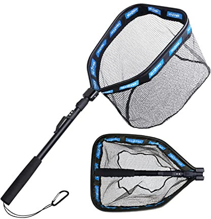 Kescher Angeln gummiert mit Teleskopstangengriff - Faltbares Angel Kescher Fischernetz für Kajak, Salmon, Catfish, Bass, Trout, Einfach zu Fangen und Freizugeben, 100cm