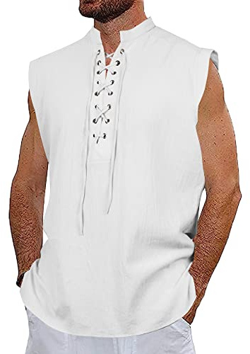 NANAMEEI Camisa de lino sin mangas para hombre, camisa de playa de verano, camisa medieval, disfraz vikingo, camisa renacentista, steampunk, pirata, camisa para hombre, Blanco, M