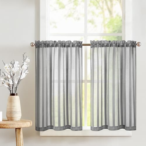 TOPICK Rideaux Cuisine Voilage Court Brise Bise Placard Chambre à Rayures Gris 90x90 cm, Voilages et Brise-Bises Rayés Intérieurs Translucides, Moderne pour sous Evier Chambre Enfant Adult Lot de 2