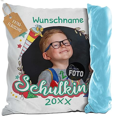 Print Royal PR Flauschiges Kissen zur Einschulung - Schulkind mit Foto, Name und Jahr personalisiert - Zuckertüte, personalisierte Geschenke zur Einschulung | Rückseite Hellblau Flauschig, 40 x 40 cm