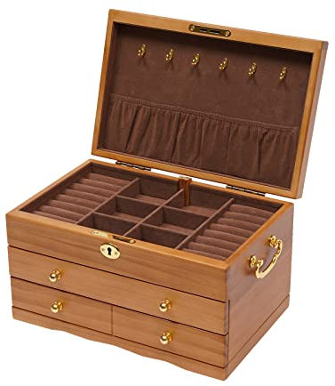 BAOCHADA 3 Schubladen Hölzerne Schmuckschatulle Große Holz Schmuckschatulle Schrank, Großes Fassungsvermögen Schmuckkästchen Schmuckkoffer mit 3 Ebenen Schmuck Aufbewahrungsbox, 29x19x17CM
