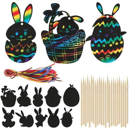 48 Stück Kratzbilder für Kinder, Ostern Kratzbild Anhänger Osterei Scratch Art Ostern Kratzpapier mit Holzstiften für Kinder Ostern basteln