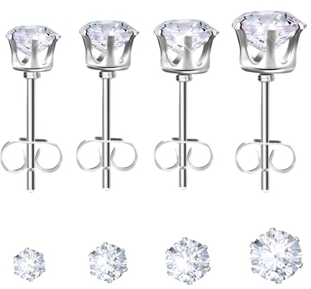 4 Pairs Cubic Zirconia Stud Earring Set Silver Earrings Sleeper Cartilage Earrings for Women Men 3A Cubic Zirconia Size 3/4/5/6mm