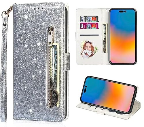 FERLAN Custodia per iPhone 14,in Premium pelle brillante con glitter e Slot Schede,Stand Funzione,per iPhone 14 telefono (Argento)