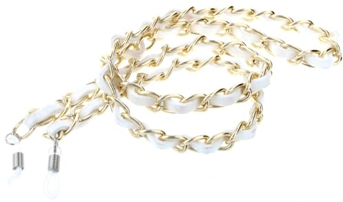 Stilvolle Brillenkette mit goldenen Kettengliedern durchflochten mit einem farbigen Band in Weiß