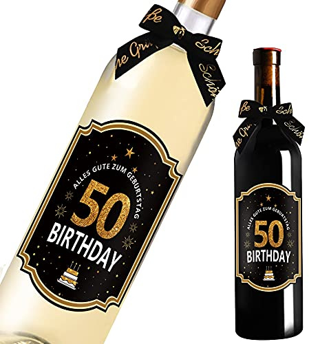 50. Geburtstag Flaschenetikett mit Schleife Schwarzes Gold Lack veredelt 8.5 x 10.5 cm Happy Birthday 50 - Geburtstagsdeko Geburtstagsgeschenk Geschenke für Frauen Männer
