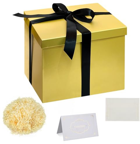 Gold Geschenkbox mit Deckel 23x23x18cm Tiefe Geschenkbox mit Schleife zerrissenes Seidenpapier Grußkarten für Weihnachten Geburtstag Hochzeitstag