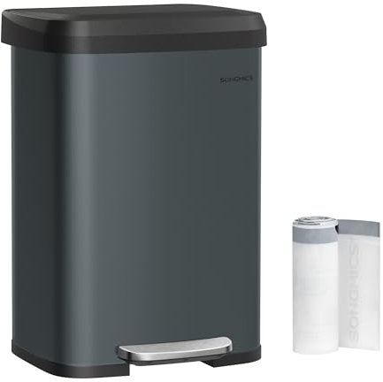 SONGMICS Mülleimer Küche, 50 Liter Abfalleimer, Tretmülleimer aus Metall, mit Deckel, hoch, schmal und geräumig, anthrazitgrau-schwarz LTB530G02