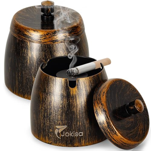 Aschenbecher für Draussen 2er Set, Edelstahl Retro Aschenbecher mit Deckel für Innenbereich & Outdoor, Windaschenbecher mit Rutschfestem Unterseite für Garten Bar und Balkon - S