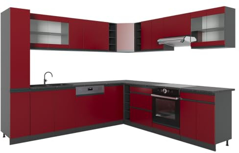 Vicco Eckküche R-Line, Rot/Anthrazit, 277 x 257 cm | J-Shape, AP Anthrazit, zur flexiblen Zusammenstellung und Erweiterung geeignet