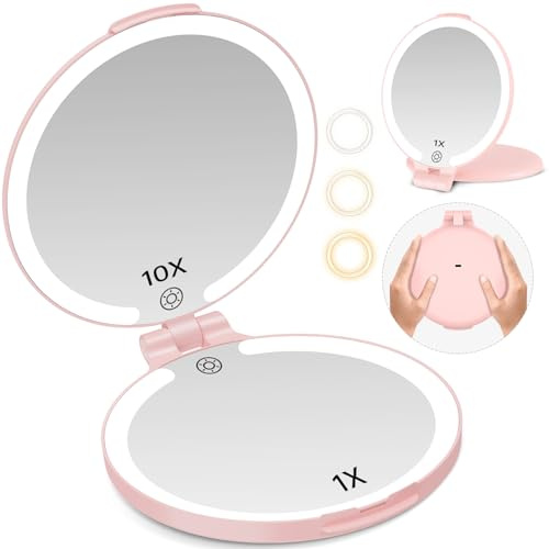 Famihomii Kosmetikspiegel mit Beleuchtung, Wiederaufladbar Tragbar Spiegel Schminkspiegel mit 3 Farblichter, Dimmbarer Touchscreen Schminkspiegel, Faltbarer Makeup Spiegel