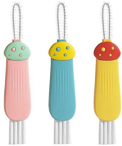 3 Pcs Bottle Brush Cleaner 3 in 1 Portable Cute Gap Cleaning Brush Rotating with Bushes & Remover Mushroom Shape Cup Lid Cleaning Brush for Tea Cups, Nipples, Keyboard Gap Cleaning Brush Cup Lid