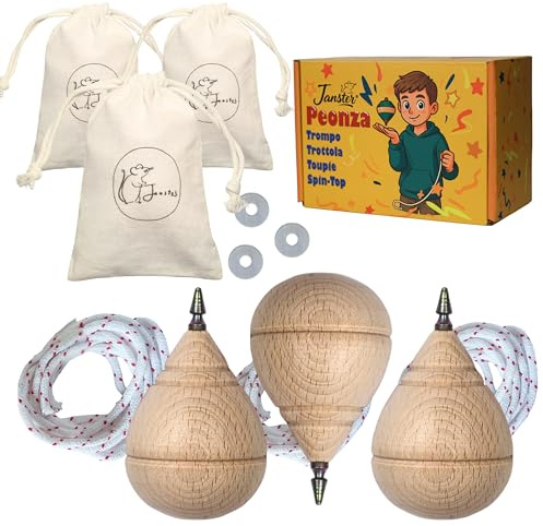 3 Peonzas Niños + Cuerda Peonza +Arandelas+Bolsas | Peonza Madera Set |Trompo de Madera Tradicional |Regalos Originales | Juguetes educativos 6 años |Set de 3 Punta boli y Accesorios completos