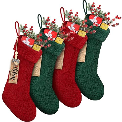 Cozypower Weihnachtsstrümpfe mit Namensschild, 45,7 cm, große Zopfstrickstrümpfe, Weihnachtsstrumpf, Kamin, hängende Strumpf, Geschenktüten für Kamin, Weihnachtsbaumschmuck, Rot, Grün, 4 Stück