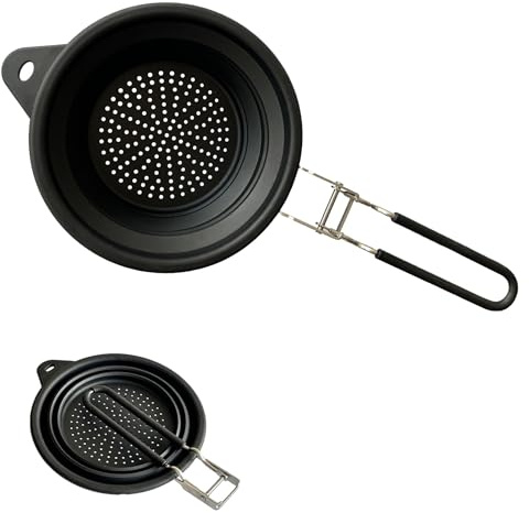 Scolapasta pieghevole in silicone con manico in acciaio inox, salvaspazio, colino pieghevole per casa, camper, cucina, drenaggio di pasta, verdure, frutta (nero)
