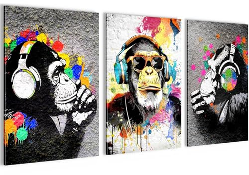 Novart Bilder Banksy Style Affe mit Kopfhörer - KOMPLETT AUFHÄNGFERTIG - Wohnzimmer Loft Flur - 3 Moderne Bilder 40x60 cm Schwarz Weiss Bunt- N034536a
