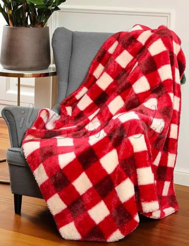 irge Plaid matrimoniale scozzese coperta natalizia tartan in morbida flanella super calda con rifinitura agnellata imbottita per letto doppio, divano, poltrona misura grande 200x225 cm