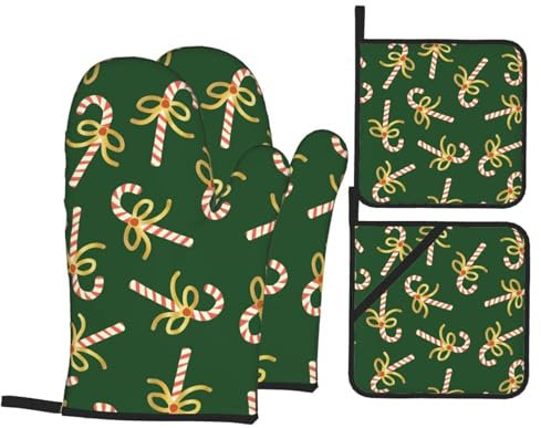Ofenhandschuhe und Topflappen-Set, Weihnachts-Süßigkeitenstange, hitzebeständig, Küchen-Backhandschuhe, rutschfeste Oberfläche zum Kochen, Backen, Grillen, Grillen