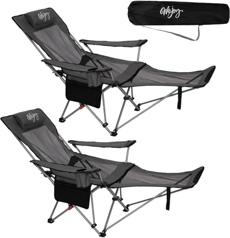 #WEJOY 2-i-1 Campingstol, vikbar 180 kg med fotstöd, strandstol med 4-vägs justerbart ryggstöd, relaxfåtöljstol med mugghållare, liggstol för utomhusbruk, camping, grå/svart, set om 2