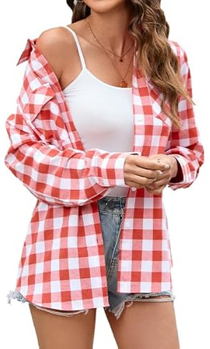 Stamain rutig skjorta damer blus långärmad traditionell blus Oktoberfest skogsarbetarskjorta rutig skjorta damer bomull lång blus toppar rullande v-ringad toppar S-3XL, Röd-1, 3XL