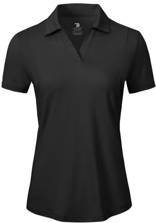 donhobo Golf Poloshirt Damen Kurzarm V-Ausschnitt mit Kragen Workout Tops UV-Schutz Dry Fit Activewear-Poloshirts für Damen Casual Sport Sommershirts, Schwarz, L