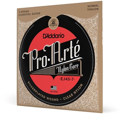 Corde per chitarra classica D'Addario EJ45-7 Pro-Arte in nylon a 7 corde, tensione normale – Bassi con anima in nylon, acuti selezionati al laser - 1 set