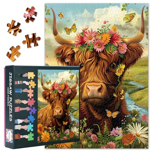 Puzzle per adulti 1000 Highland Cow - Hard Impossible Difficult Challenging Family Puzzle Prato, Puzzle Educativi Giochi Decorazione per la Casa Fiori 60 x 40 cm