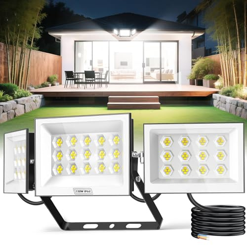 Ankishi 150W LED Floodlights Outdoor, 3 Adjustable Heads Security Lights, IP66 Super Bright Lights LED 10000LM Light, 6500K Daylight White Wall Light for Garden, Patio, Backyard, Front Yard, Garage