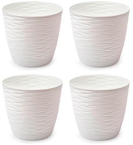 AC - Pack de 4 Macetas Redondas con Plato - Diseño Wind (Ø 17 cm) - Fabricado en plástico - Ideal para jardín Exterior, terraza o balcón - Color Blanco Roto