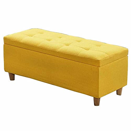 Rechteckiger Leinen-Pouf, Ottomane, gepolsterte Fußstütze mit Hebebühnen, Massivholzbeine, Aufbewahrungsbehälter, 100 x 40 x 40 cm, Gelb – stilvolle und funktionale Heimdekoration