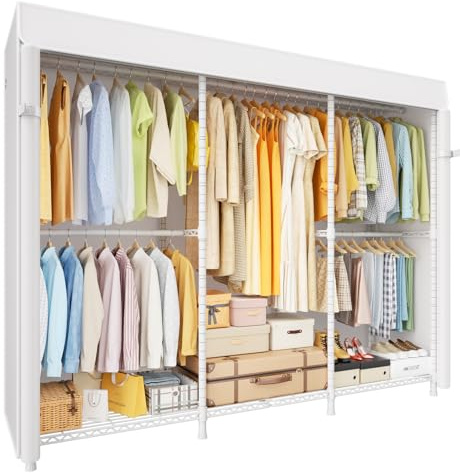 ULIFHOME E14C Pro Heavy Duty Closet Organizer System，Freestanding Clothing Racks for Hanging Clothes，Adjustable Garment Rack 69 W × 16 D × 77 H Hold 960 lbs，White Rack with White Dustproof Cover