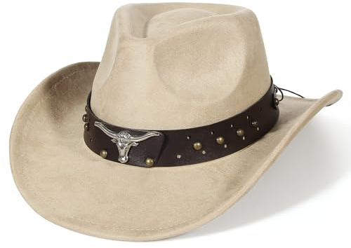 EOZY Mocka läder cowboyhatt Cattleman västerländsk stil för kvinnor och män avtagbart hattband vintage mocka hatt country musik festival hatt lätt regnskydd, Beige #1, 56-58