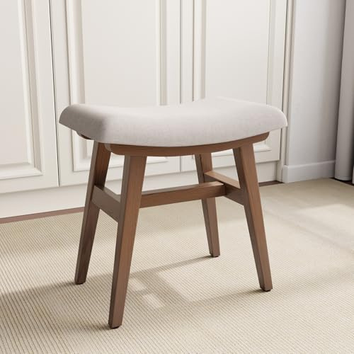 YQJJGL Hocker, Fußhocker aus Holz, kompakter Schminktisch-Hocker mit Sattelkissen, mit Leinen bezogene, hoch elastische Schaumstoff-Sitzfläche, geeignet für Schlafzimmer, Walnuss