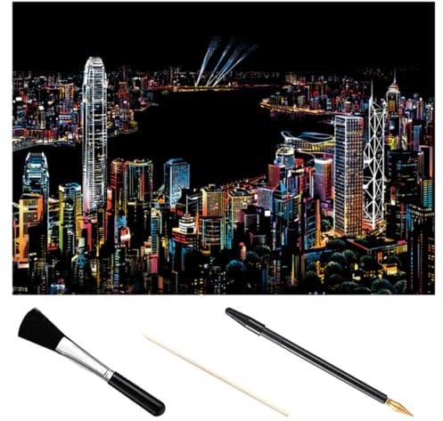 MUELODSIC Kit de Papeles para Raspar, Imagen para Rascar Ciudad Nocturna Victoria Harbour, 4 Piezas Herramientas (varilla de Bambú, Bolígrafo Dorado, Pincel Negro) para Manualidades