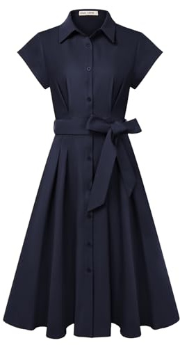 Women's Summer Short Sleeve Shirt Dress A-Line Midi Dresses Navy Blue