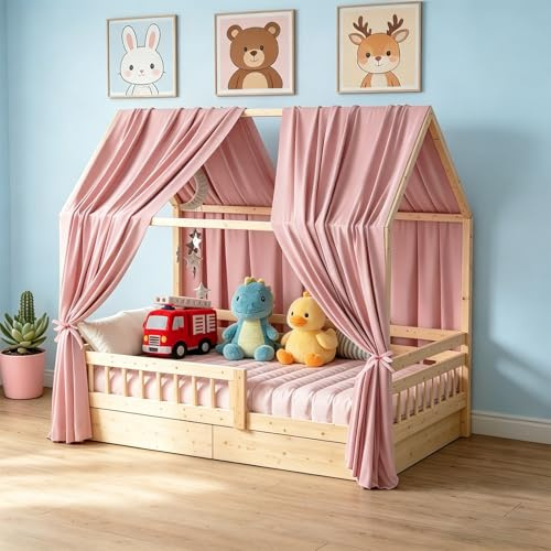 BUERPINKING Ciel de Lit Cabane avec 2 Pièces Rideaux Lit-Cabane Enfant, Rideau Lit Cabane, Baldaquin Style Cottage, Baldaquin Ciel en Tissu de Maison Chambre pour Fille Garçon 67 x 270 cm (Rose)