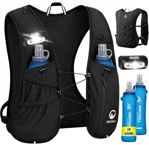 ONETOALL Chaleco Running Hombre Mujer con 2× Soft Flask 500ml y Luz LED Recargable, Chaleco Hidratacion Trail Running, Running Vest Ultraligero, Mochila Hidratacion para Correr Senderismo Montaña Bici