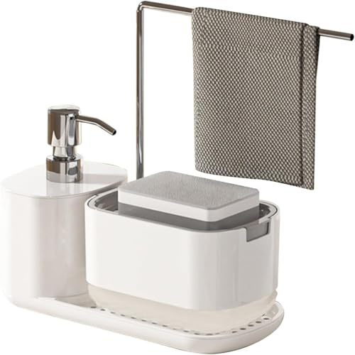 Set di dispenser di sapone da cucina con vassoio, dispenser per sapone a mano e piatto, supporto per spugna e strofinacci, organizer per lavello da cucina (bianco)