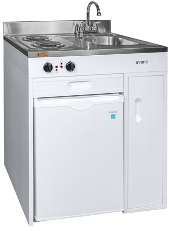 Avanti CK3016 Energy Star Certified Full Compact Kitchen, Built in Kitchenette Stainless Steel Counter, Two Element Cooking Range, Refrigerator & Storage, 30-Inch, White